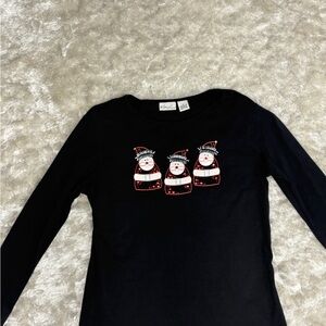 Santa Snowman Tee Christmas Holiday Kim Rogers Black Long Sleeve -100% cotton -S